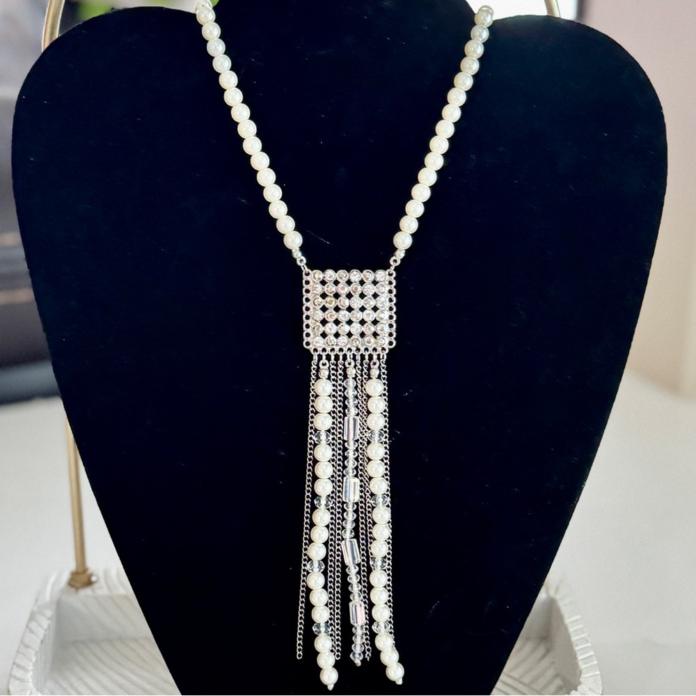 Elegant Faux Pearl, Rhinestone and Silver Long Necklace
